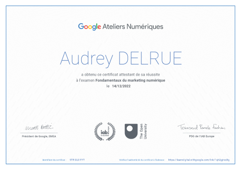 Certification Google Marketing Digital Audrey DELRUE
